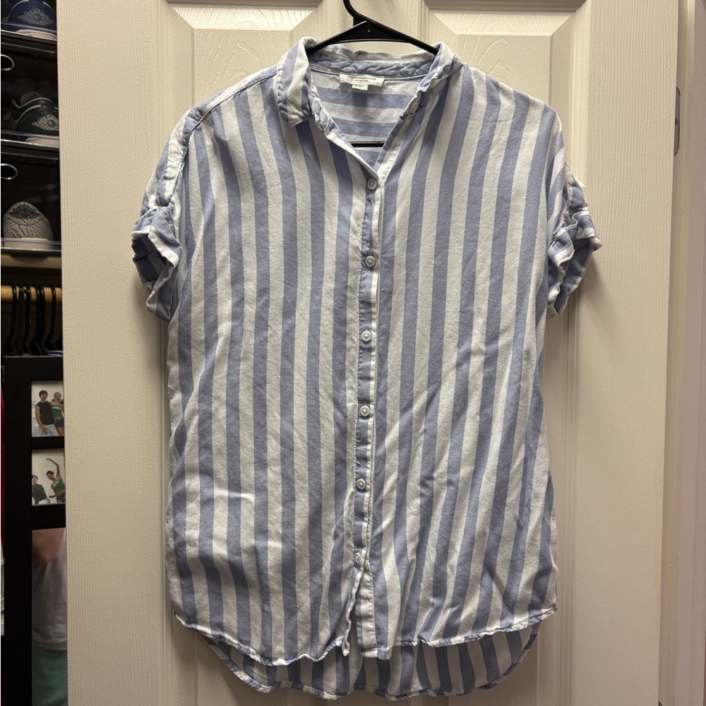 Blue and White Striped Dolman Button-up Shirt